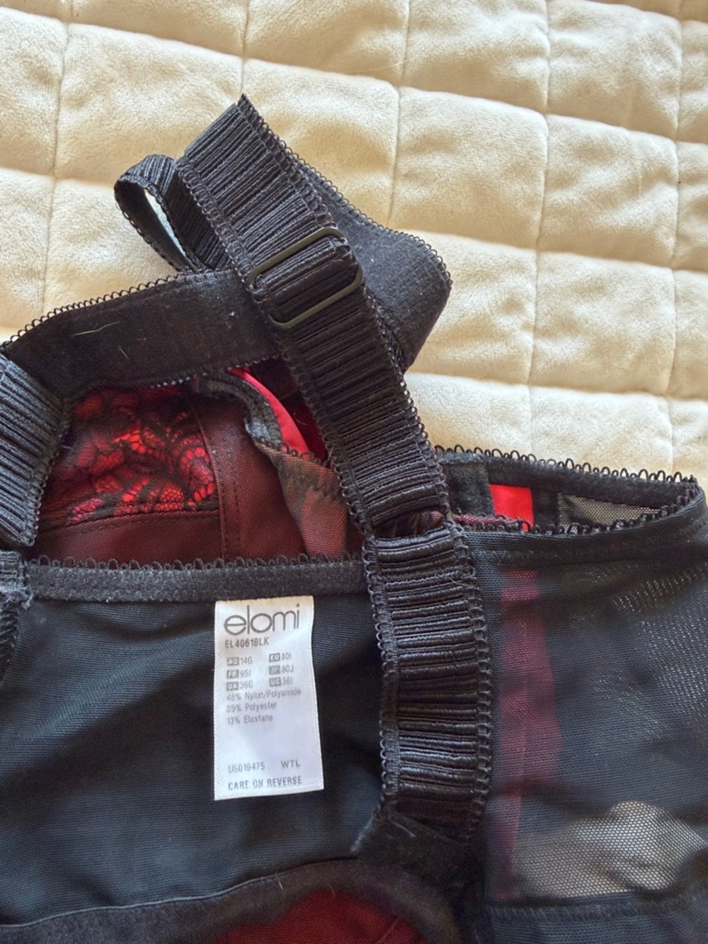 Elomi Red and Black Lace-Trim Full Cup Bra 36G with side support - Picture 4 of 5